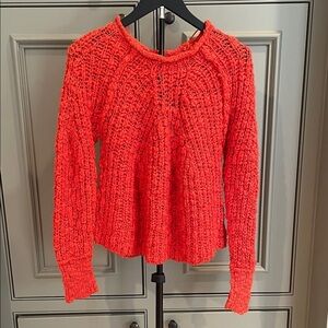 Free People Chunky Knit Crew Bold Orange Sweater Textured Casual Pullover Boho